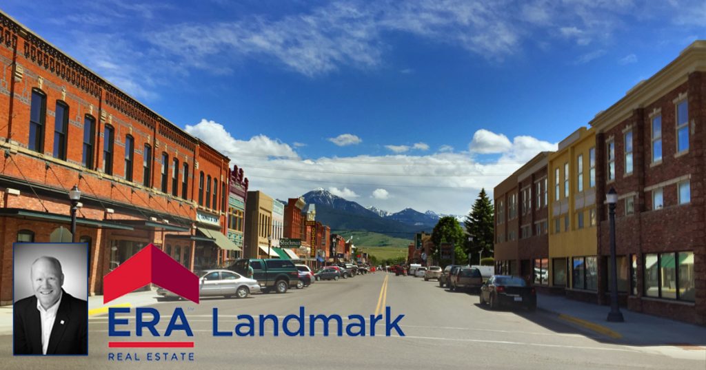 Historic downtown Livingston, Montana, with Livingston Peak in the distance